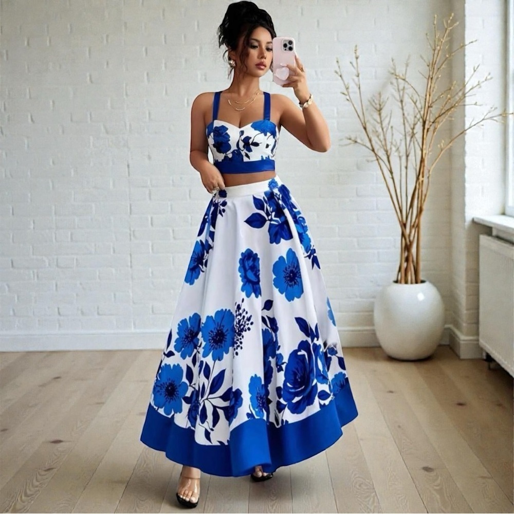 New Satin Floral Crop Top & Skirt 2-Piece Set Outfit Blue & White XL - Picture 5 of 7
